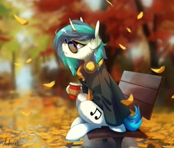Size: 1692x1440 | Tagged: safe, artist:anticular, derpibooru import, dj pon-3, vinyl scratch, pony, unicorn, autumn, bench, blurry background, clothes, coffee, coffee cup, cup, female, glasses, headphones, jacket, leaves, lidded eyes, park bench, red eyes, scenery, sitting, solo