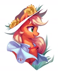 Size: 1214x1537 | Tagged: safe, artist:luciferamon, derpibooru import, applejack, earth pony, pony, bust, chest fluff, cloak, clothes, cute, female, flower, hat, jackabetes, mare, open mouth, portrait, profile, simple background, solo, white background