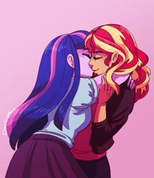 Size: 2700x3118 | Tagged: safe, artist:overlordneon, derpibooru import, sunset shimmer, twilight sparkle, equestria girls, clothes, eyes closed, female, high res, jacket, kissing, lesbian, long skirt, pants, shipping, skirt, sunsetsparkle