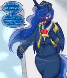 Size: 1761x2048 | Tagged: safe, artist:frist44, derpibooru import, princess luna, anthro, aircraft, blushing, commission, dialogue, female, hat, parachute, solo, solo female, stewardess, winking at you