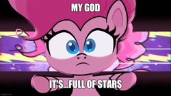 Size: 888x499 | Tagged: safe, derpibooru import, screencap, pinkie pie, earth pony, pony, my little pony: pony life, the great divide, spoiler:pony life s01e44, 2001: a space odyssey, caption, female, image macro, looking at you, mare, meme, quote, solo, text