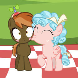 Size: 1209x1209 | Tagged: safe, derpibooru import, edit, button mash, cozy glow, earth pony, pegasus, pony, beanie, blush sticker, blushing, colt, cozymash, cute, female, filly, foal, hat, kiss on the cheek, kissing, male, picnic blanket, shipping, straight