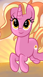 Size: 1080x1920 | Tagged: safe, artist:sallyso, derpibooru import, luster dawn, pony, unicorn, female, flying, mare, smiling, solo, sunset