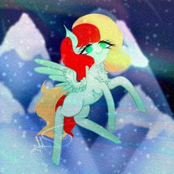 Size: 800x800 | Tagged: safe, artist:nel_liddell, derpibooru import, oc, oc only, pegasus, pony, aurora borealis, chest fluff, eyelashes, flying, mountain, night, outdoors, pegasus oc, signature, snow, solo, wings