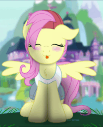Size: 800x981 | Tagged: safe, artist:bastbrushie, derpibooru import, fluttershy, pegasus, pony, 90s grunge fluttershy, :p, animated, bastbrushie is trying to kill us, blushing, chest fluff, clothes, cute, daaaaaaaaaaaw, eyes closed, female, fluffy, full face view, gameloft, gameloft interpretation, gif, grass, ground, happy, hat, jeans, mare, pants, school, shirt, silly, silly pony, sitting, solo, tail, text, tongue out, weapons-grade cute, wings