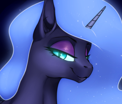 Size: 968x826 | Tagged: safe, artist:mercurial64, nightmare moon, alicorn, pony, bust, ethereal mane, lidded eyes, looking at you, mare, missing accessory, nicemare moon, portrait, slit eyes, smiling, solo