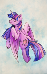 Size: 1836x2865 | Tagged: safe, artist:sailesnake, twilight sparkle, twilight sparkle (alicorn), alicorn, pony, female, flying, looking at you, looking back, looking back at you, mare, signature, smiling, solo, traditional art, watercolor painting