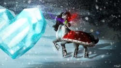 Size: 1280x720 | Tagged: safe, artist:sailesnake, king sombra, umbrum, unicorn, armor, blizzard, cape, clothes, crystal heart, glowing eyes, glowing horn, horn, male, sharp teeth, signature, snow, snowfall, solo, sombra eyes, stallion, teeth, turning away