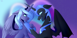 Size: 2000x1000 | Tagged: safe, artist:citrus-flamingo, nightmare moon, princess luna, alicorn, pony, bat wings, duality, ethereal mane, fangs, female, floppy ears, hoof on chin, hoof shoes, looking at each other, mare, night, s1 luna, signature, smiling, stars, temptation, wings, younger