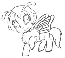 Size: 1665x1481 | Tagged: safe, artist:buttercupsaiyan, mothpony, antennae, blur, cute, female, filly, ink, looking at you, monochrome, raised hoof, scan, simple background, solo, white background, wings