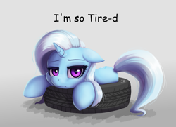 Size: 1379x1000 | Tagged: safe, artist:the-park, trixie, pony, unicorn, cute, diatrixes, female, frown, mare, pun, signature, simple background, solo, text, tire, tired