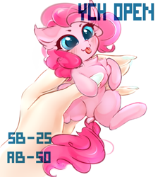 Size: 671x718 | Tagged: safe, artist:haokan, derpibooru import, pinkie pie, earth pony, human, pony, :3, :p, blushing, cute, diapinkes, dock, ear fluff, female, hand, holding a pony, in goliath's palm, micro, offscreen character, offscreen human, solo, tongue out, ych example, ych sketch, your character here
