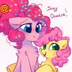 Size: 1700x1700 | Tagged: safe, artist:mirtash, derpibooru import, li'l cheese, pinkie pie, earth pony, pony, the last problem, blushing, chest fluff, colt, female, freckles, heart eyes, male, mare, mother and child, mother and son, older, older pinkie pie, open mouth, parent and child, shoulder fluff, simple background, smiling, white background, wingding eyes