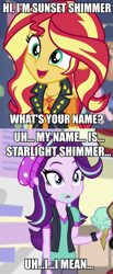 Size: 525x1272 | Tagged: safe, derpibooru import, screencap, starlight glimmer, sunset shimmer, better together, dance magic, equestria girls, rollercoaster of friendship, spoiler:eqg specials, caption, female, food, ice cream, image macro, lesbian, shimmerglimmer, shipping, text