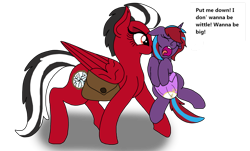 Size: 1280x772 | Tagged: safe, artist:lynnthenerdkitty, derpibooru import, oc, oc only, oc:charming dazz, oc:shatter, pegasus, pony, unicorn, age regression, bag, diaper, eyes closed, mouth hold, open mouth, photo, saddle bag, scruff, simple background, transparent background, whining