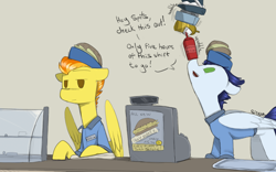 Size: 1600x1000 | Tagged: safe, artist:sinrar, derpibooru import, soarin', spitfire, pegasus, pony, cash register, cashier, clothes, dialogue, duo, fast food, female, food, hat, ketchup, male, mare, mustard, ponies balancing stuff on their nose, restaurant, sauce, shirt, stallion, this will end in janitor duty, uniform