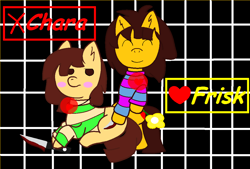 Size: 1094x740 | Tagged: safe, artist:buttercupbella5182, derpibooru import, earth pony, pony, chara, clothes, duo, frisk, heart, knife, lying down, male, ponified, prone, smiling, stallion, undertale