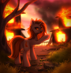 Size: 2317x2400 | Tagged: safe, artist:avrameow, derpibooru import, oc, oc only, oc:aurora shinespark, pony, unicorn, ear piercing, earring, female, fire, jewelry, looking at you, mare, no source available, on fire, piercing, pointing, solo, sunset