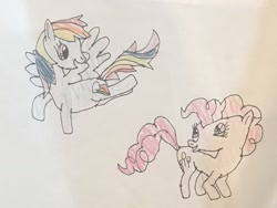 Size: 1795x1348 | Tagged: safe, artist:whistle blossom, derpibooru import, pinkie pie, rainbow dash, earth pony, pegasus, pony, duo, female, flying, mare, simple background, traditional art, white background