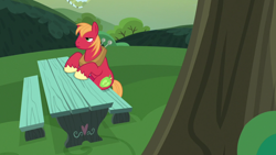 Size: 1920x1080 | Tagged: safe, derpibooru import, screencap, big macintosh, the big mac question, alone, bench, solo