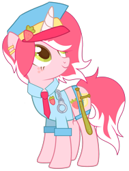 Size: 1895x2506 | Tagged: safe, artist:lazuli, artist:rukemon, derpibooru import, oc, oc only, oc:officer sweet strawberry, pony, unicorn, badge, base used, baton, clothes, coat markings, commission, cuffs, ear piercing, earring, eyeshadow, female, food, freckles, hat, jewelry, makeup, mare, necktie, piercing, police, police hat, police officer, police uniform, sbelt, shirt, simple background, solo, strawberry, transparent background