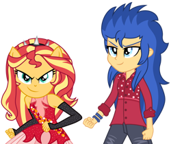 Size: 1024x861 | Tagged: safe, artist:cloudyglow, artist:emeraldblast63, derpibooru import, flare warden, flash sentry, sunset shimmer, better together, cheer you on, equestria girls, duo, duo female, female, ponied up, rule 63, simple background, sleeveless, super ponied up, transparent background