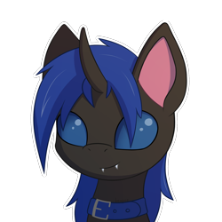 Size: 2000x2000 | Tagged: safe, artist:keupoz, derpibooru import, oc, oc only, oc:swift dawn, changeling, pony, blue changeling, bust, changeling oc, collar, commission, fangs, looking at you, pet, portrait, signature, simple background, smiling, smiling at you, transparent background