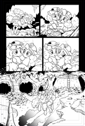 Size: 626x918 | Tagged: safe, artist:pencils, derpibooru import, idw, cheese sandwich, pinkie pie, earth pony, pony, spoiler:comic, spoiler:comic94, blushing, cave, cheesepie, female, male, mare, monochrome, season 10, shipping, stallion, straight