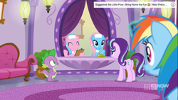 Size: 1366x768 | Tagged: safe, derpibooru import, screencap, aloe, lotus blossom, rainbow dash, spike, starlight glimmer, twilight sparkle, alicorn, dragon, earth pony, pegasus, pony, spoiler:deep tissue memories, 9now, butt, deep tissue memories, excited, eyes closed, female, glimmer glutes, hoof hold, implied pinkie pie, looking at each other, mare, picture frame, plot, ponyville, ponyville spa, quartet, quartet focus, spa, spa pony, winged spike