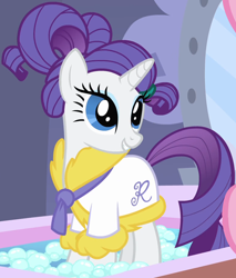 Size: 1220x1431 | Tagged: safe, derpibooru import, screencap, rarity, pony, unicorn, green isn't your color, bath, bathrobe, clothes, cropped, cute, female, hair up, mare, ponytail, ponyville spa, raribetes, robe, solo, spa