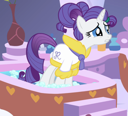 Size: 1546x1397 | Tagged: safe, derpibooru import, screencap, rarity, pony, unicorn, green isn't your color, bath, bathrobe, clothes, cropped, female, hair up, mare, ponytail, ponyville spa, robe, solo, spa, worried