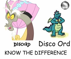 Size: 975x820 | Tagged: safe, artist:novella-book-pony, derpibooru import, discord, draconequus, dragon, the return of harmony, disco, dragon tales, duo, duo male, funny, funny as hell, know the difference, male, meme, ord, simple background, text, umbrella, white background