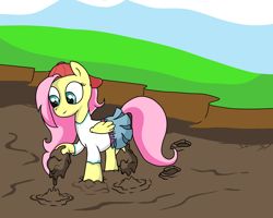 Size: 2000x1600 | Tagged: safe, artist:amateur-draw, derpibooru import, fluttershy, pegasus, pony, 90s grunge fluttershy, baseball cap, cap, clothes, female, hat, mare, messy, mud, mud pit, muddy, muddy hooves, pond, simple background, skirt, solo