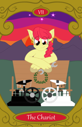 Size: 900x1400 | Tagged: safe, artist:sixes&sevens, derpibooru import, apple bloom, cart, ear piercing, earring, freckles, jewelry, motor, older, older apple bloom, piercing, sunset, tarot card, the chariot, wrench