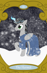 Size: 900x1400 | Tagged: safe, artist:sixes&sevens, derpibooru import, oc, oc:prince mentiad, alicorn, alicorn oc, cloak, clothes, horn, snow, tarot card, the hermit, wings