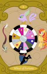 Size: 900x1400 | Tagged: safe, artist:sixes&sevens, derpibooru import, baast, discord, sunset shimmer, anubis, tarot card, wheel of fortune