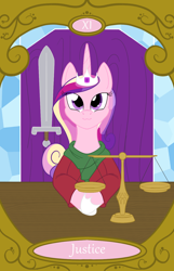 Size: 900x1400 | Tagged: safe, artist:sixes&sevens, derpibooru import, princess cadance, alicorn, pony, crossed hooves, justice, scales, sword, tarot card, weapon