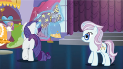 Size: 1920x1080 | Tagged: safe, derpibooru import, screencap, north point, rarity, pony, unicorn, canterlot boutique, butt, clothes, dress, female, magic, rearity, telekinesis