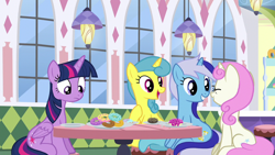 Size: 1280x720 | Tagged: safe, derpibooru import, screencap, lemon hearts, minuette, twilight sparkle, twilight sparkle (alicorn), twinkleshine, alicorn, pony, unicorn, amending fences, donut, female, food, mare, table