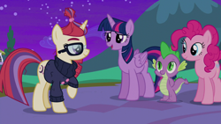 Size: 1280x720 | Tagged: safe, derpibooru import, screencap, moondancer, pinkie pie, spike, twilight sparkle, twilight sparkle (alicorn), alicorn, dragon, earth pony, pony, unicorn, amending fences, clothes, female, glasses, male, mare, raised hoof, sweater