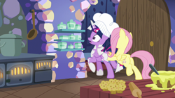 Size: 1280x720 | Tagged: safe, derpibooru import, screencap, fluttershy, twilight sparkle, twilight sparkle (alicorn), alicorn, pegasus, pony, a health of information, butt, butt touch, chef's hat, duo, female, flour, hat, hoof on butt, mare, plot, pushing