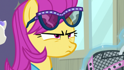 Size: 1280x720 | Tagged: safe, derpibooru import, screencap, pursey pink, earth pony, pony, fake it 'til you make it, female, glare, glasses, mare, solo, squint