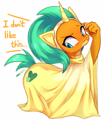 Size: 3200x3700 | Tagged: safe, alternate version, artist:maren, derpibooru import, smolder, dragon, unicorn, horse play, blushing, clothes, costume, dialogue, dragoness, female, high res, pony costume, prosthetic butt, simple background, solo, stage, sweat, sweatdrops, white background