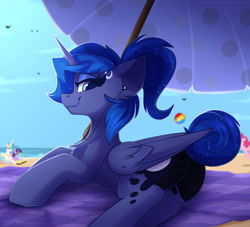 Size: 1650x1500 | Tagged: safe, artist:shadowreindeer, derpibooru import, pinkie pie, princess celestia, princess luna, twilight sparkle, alicorn, earth pony, pony, beach, beach ball, beach umbrella, book, butt, chest fluff, connor, connor luna, detroit: become human, earbuds, ethereal mane, featureless crotch, female, headphones, looking at you, looking back, looking back at you, lying down, mare, moonbutt, ocean, ponytail, prone, smiling, smiling at you, starry mane