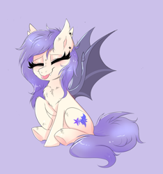 Size: 2153x2304 | Tagged: safe, artist:confetticakez, derpibooru import, oc, oc:star violet, bat pony, pony, :p, bat pony oc, bat wings, chest fluff, cute, cute little fangs, eyes closed, fangs, female, mare, piercing, simple background, sitting, solo, tongue out, underhoof, wings