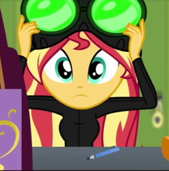 Size: 522x529 | Tagged: safe, derpibooru import, screencap, sunset shimmer, equestria girls, equestria girls series, holidays unwrapped, spoiler:eqg series (season 2), canterlot high, cropped, female, goggles, imagine spot, lockers, night vision goggles, pencil, stealth suit, winter break-in