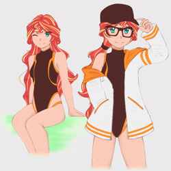 Size: 1791x1791 | Tagged: safe, artist:dragonemperror2810, derpibooru import, editor:michaelsety, sunset shimmer, equestria girls, adorasexy, anime, cap, clothes, cute, eye clipping through hair, female, glasses, hat, human coloration, jacket, looking at you, one-piece swimsuit, sexy, shimmerbetes, simple background, sitting, smiling, solo, swimsuit, white background