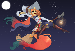 Size: 3200x2200 | Tagged: safe, artist:skitsroom, derpibooru import, oc, oc only, oc:sheron, anthro, pony, unicorn, anthro oc, boots, broom, female, flying, flying broomstick, full moon, halloween, high heel boots, high res, holiday, horn, magic, mare, moon, open mouth, shoes, solo, stars, unicorn oc, witch