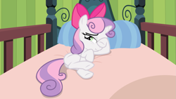 Size: 1453x821 | Tagged: safe, artist:sollace, derpibooru exclusive, derpibooru import, sweetie belle, pony, unicorn, somepony to watch over me, .svg available, accessory swap, apple bloom's bed, apple bloom's bow, bed, bow, cute, diasweetes, female, hair bow, hoof over eye, looking at you, lying down, lying on bed, nervous, on bed, raised hoof, scrunchy face, sleepy, solo, svg, vector, wiping, wiping eye