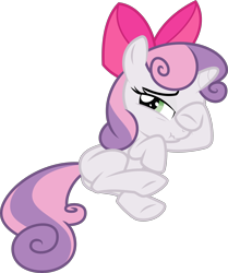 Size: 3000x3588 | Tagged: safe, artist:sollace, derpibooru exclusive, derpibooru import, sweetie belle, pony, unicorn, somepony to watch over me, .svg available, accessory swap, apple bloom's bow, bed, bow, cute, diasweetes, female, hair bow, hoof over eye, looking at you, lying down, lying on bed, nervous, on bed, raised hoof, scrunchy face, simple background, sleepy, solo, svg, transparent background, vector, wiping, wiping eye